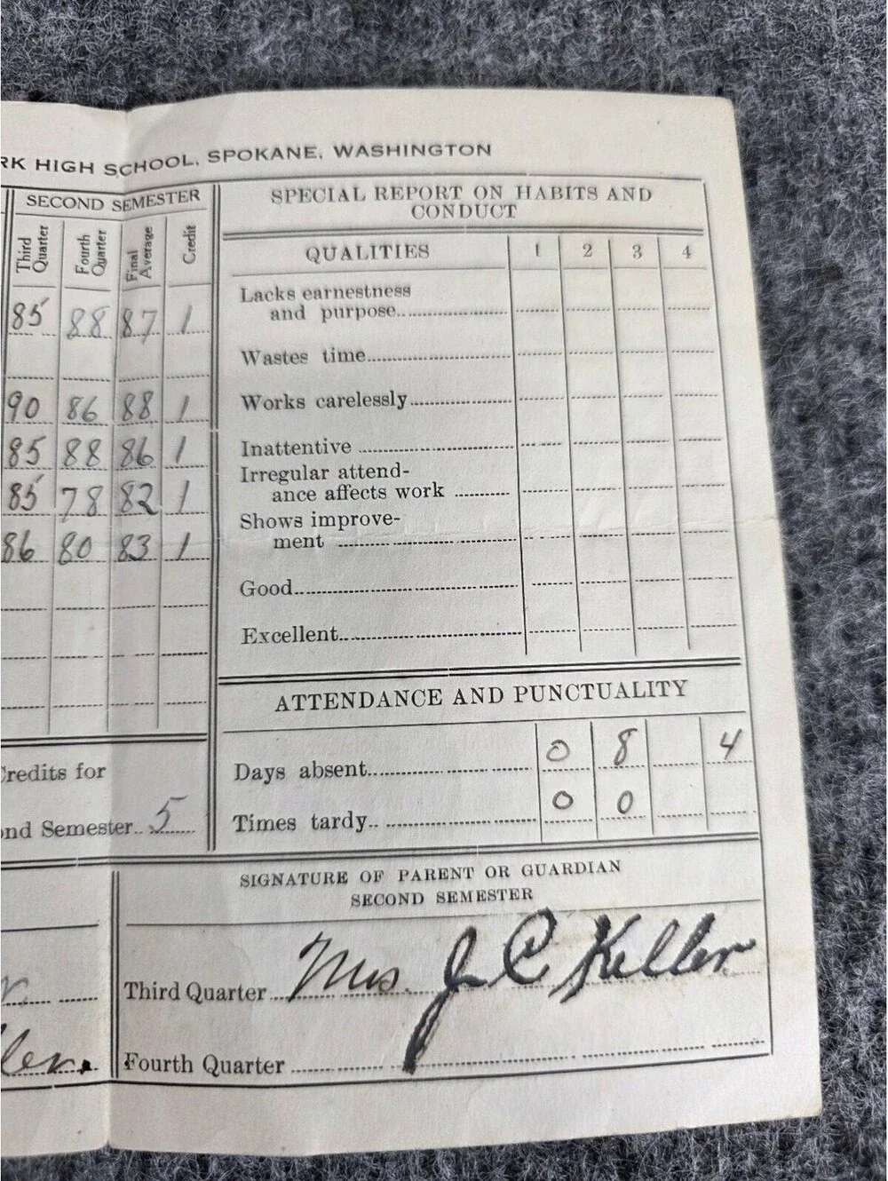 1917 Lewis and Clark High School Spokane WA Student Report Card